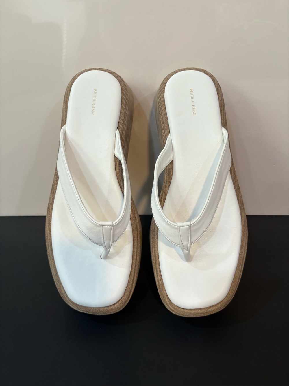 PrettyLittleThing White Platform Flip-Flop Sandals with Tan Sole